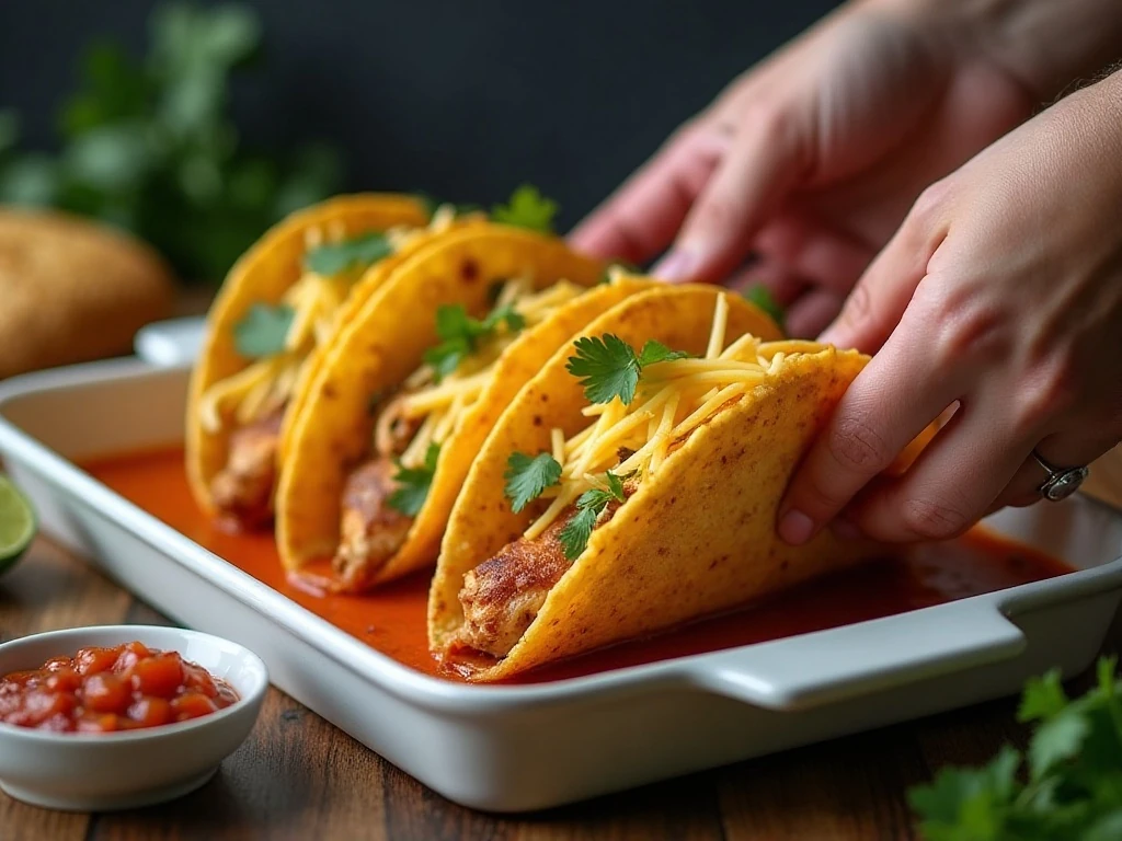 Assembled chicken tacos ready to bake