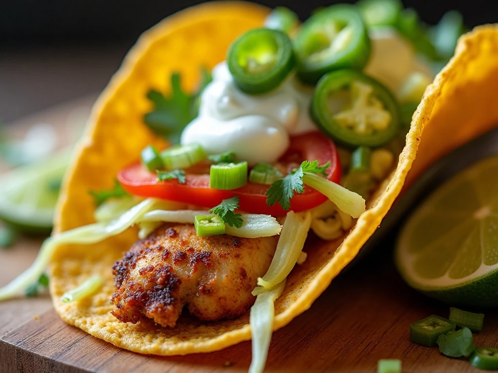 Baked chicken taco with fresh toppings and lime