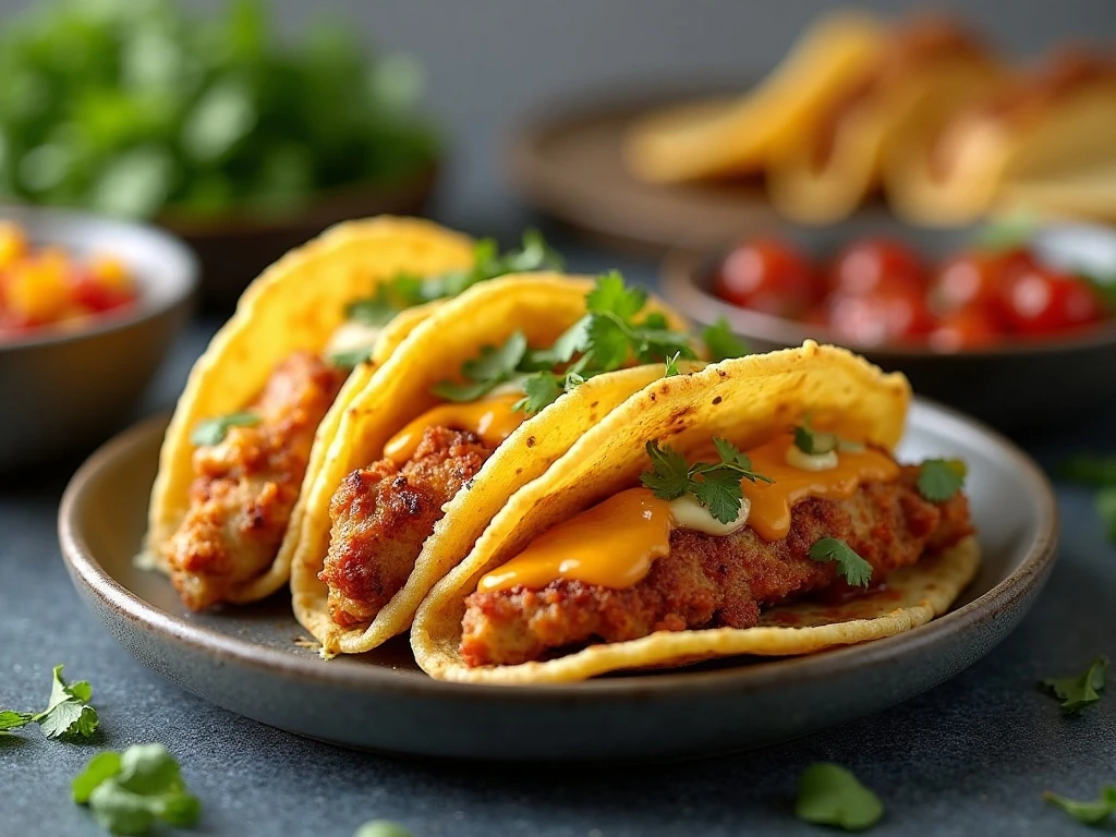 Baked chicken tacos plated with toppings served separately
