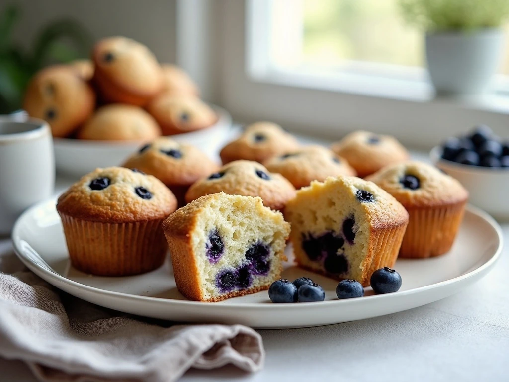 Tall bakery-style blueberry muffins arranged on a platter
