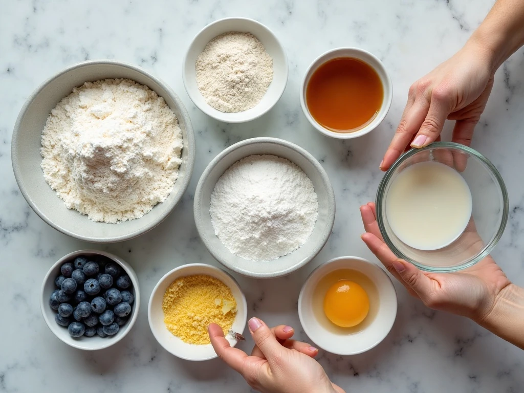 Ingredients for easy bakery-style blueberry muffins