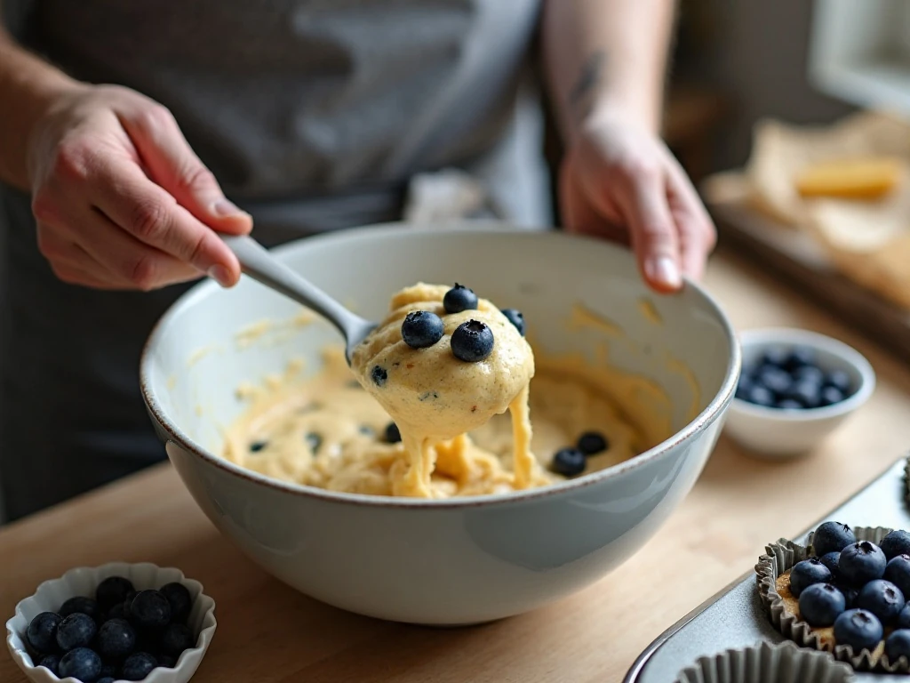 Folding blueberries into thick muffin batter