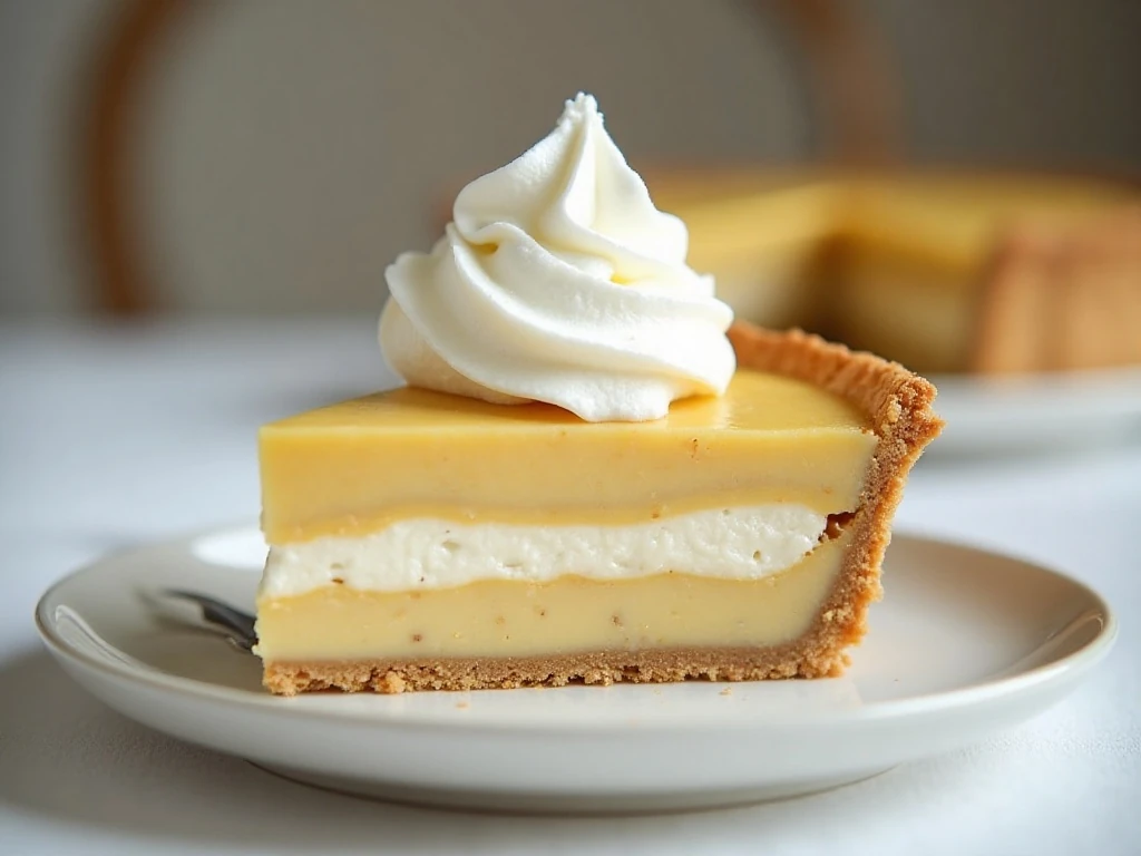 Slice of easy banana cream pie with bananas, vanilla custard, and whipped cream