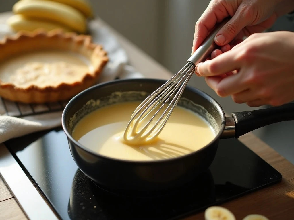 Cooking vanilla custard for banana cream pie