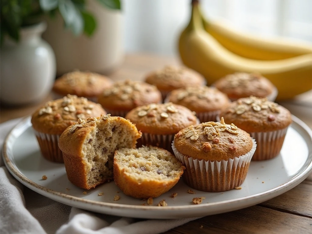 A platter of homemade banana oatmeal muffins with tender oat-filled centers