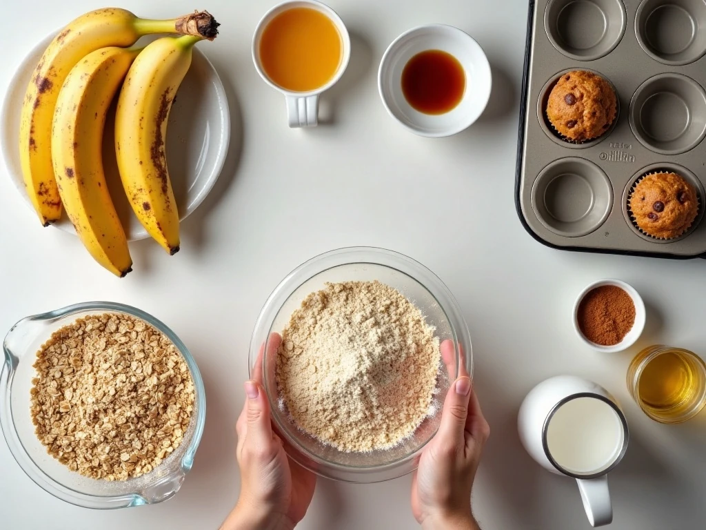 Ingredients for easy banana oatmeal muffins arranged on a countertop