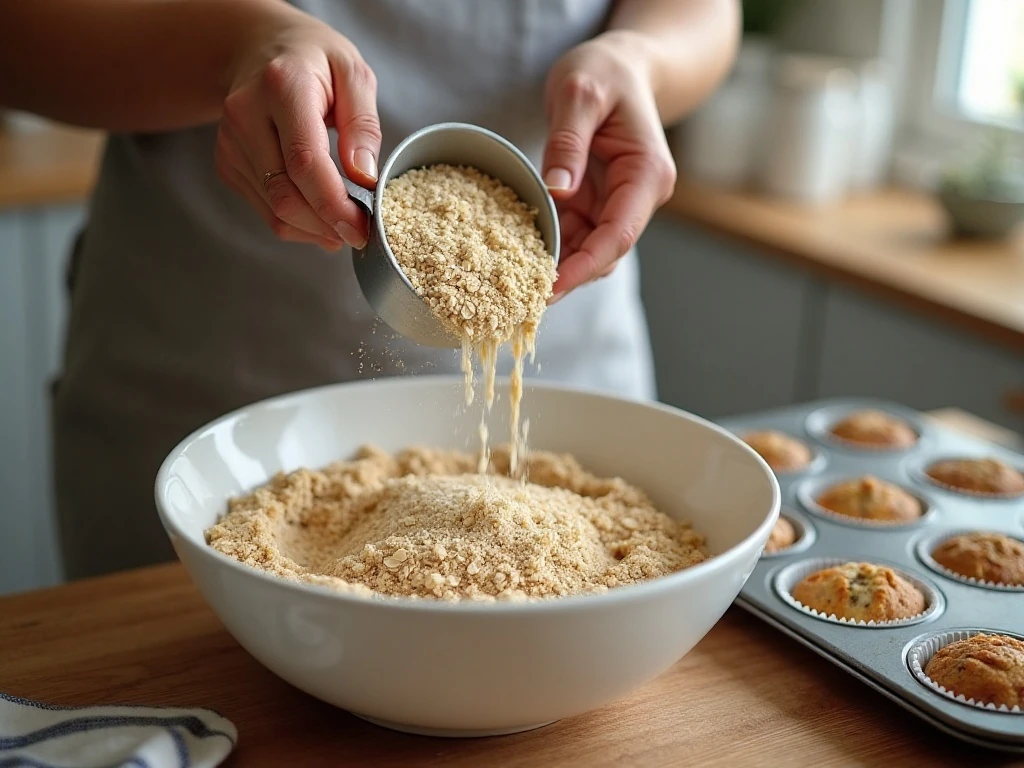 Batter being gently mixed for banana oatmeal muffins