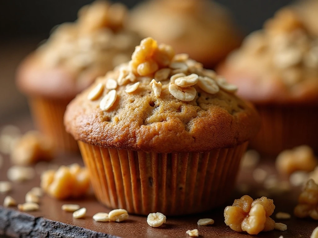Close-up of a moist banana oatmeal muffin with oats and walnuts