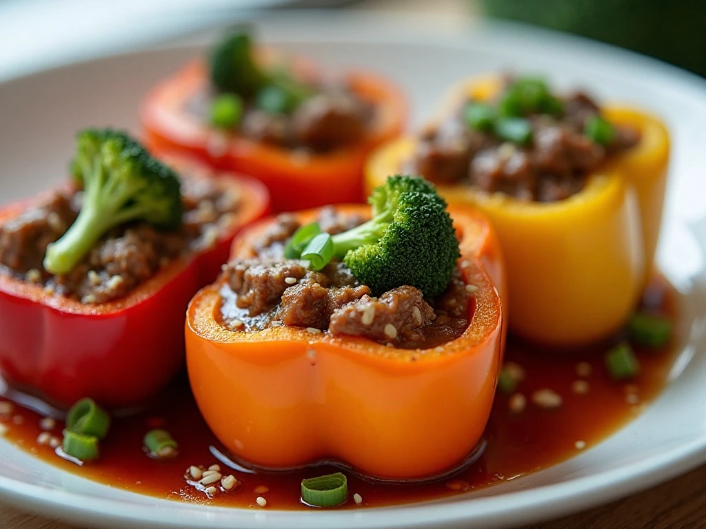 Beef and broccoli stuffed peppers arranged in a baking dish