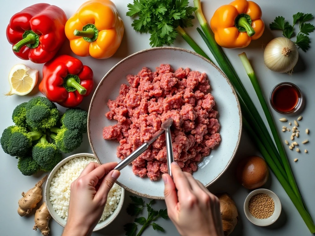 Ingredients for easy beef and broccoli stuffed peppers