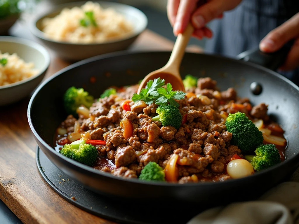 Cooking the beef and broccoli stuffed pepper filling in a skillet