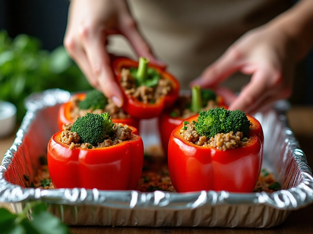 Filling bell pepper halves with beef, broccoli, and rice