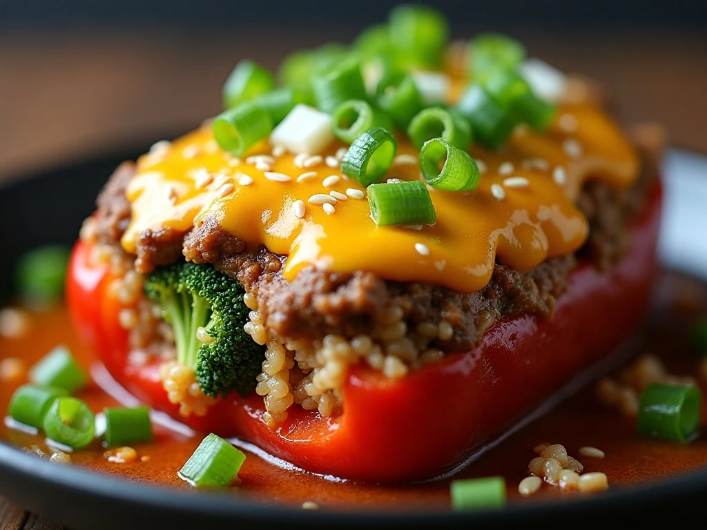 Cheesy beef and broccoli stuffed pepper with sesame garnish