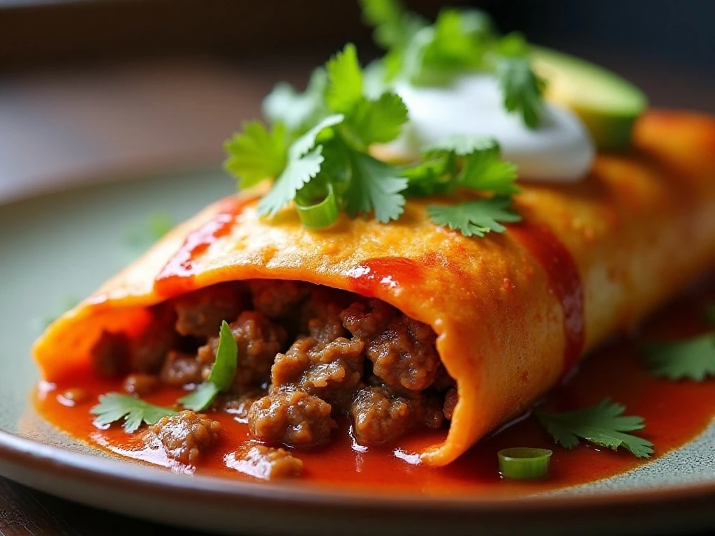 Close-up of a reheated beef enchilada with fresh toppings