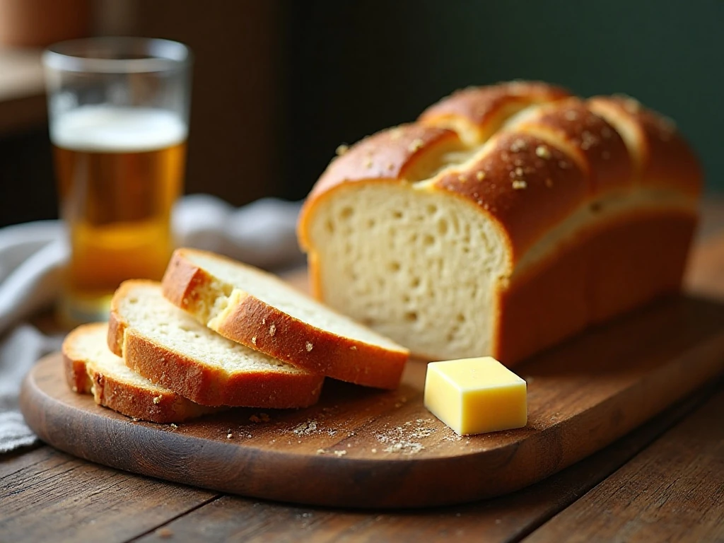 Golden homemade 3-ingredient beer bread sliced and served with butter