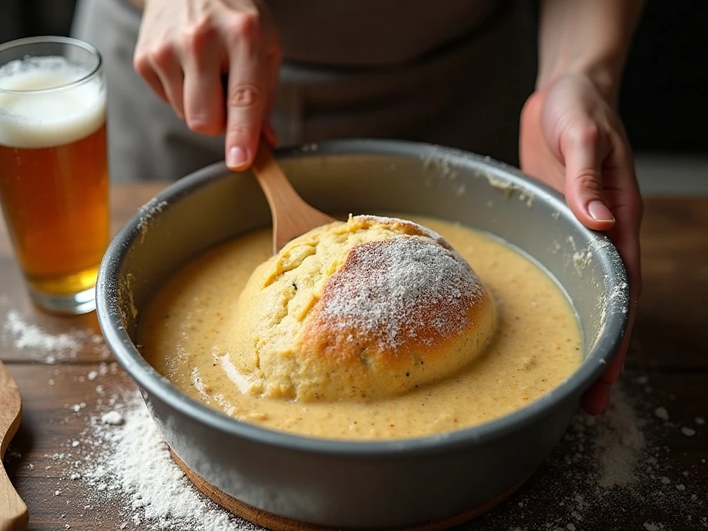 Stirring the thick batter for homemade beer bread