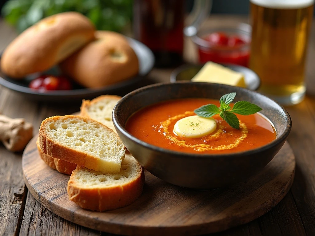 Beer bread served with soup, butter, and jam