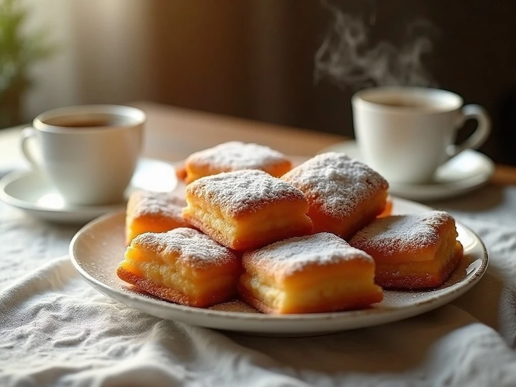 Homemade Cafe Du Monde-style beignets covered with confectioners’ sugar and served with coffee