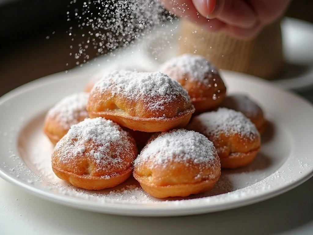 Fresh warm beignets generously dusted with confectioners’ sugar