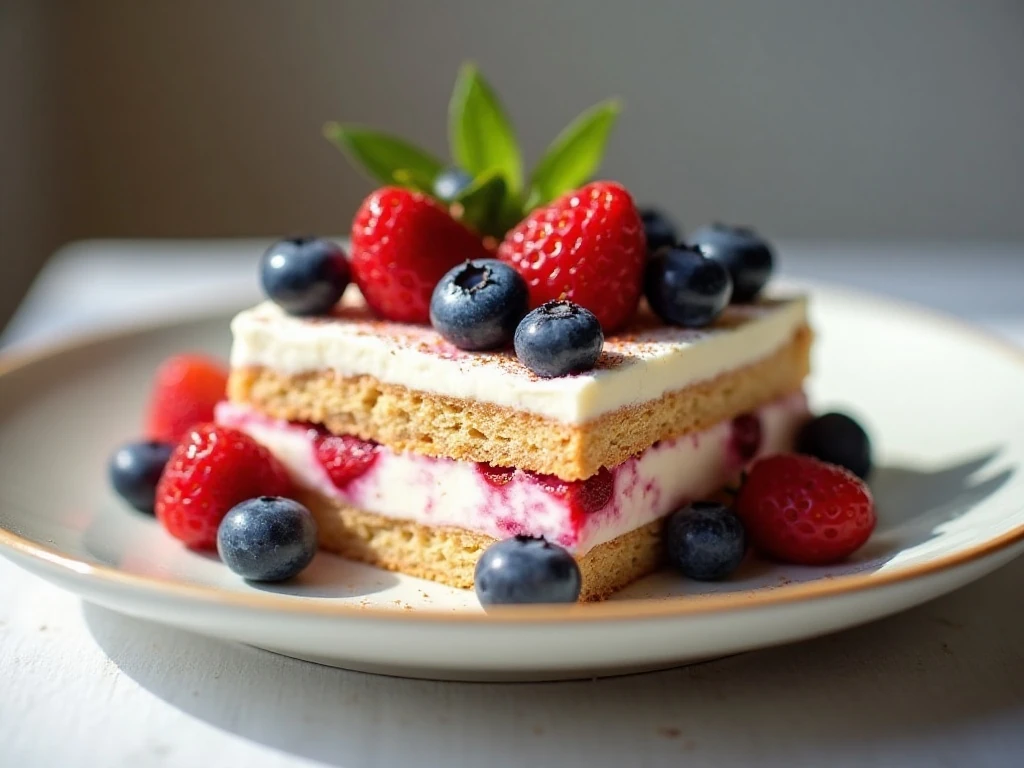A slice of creamy berry icebox cake with strawberries and blueberries