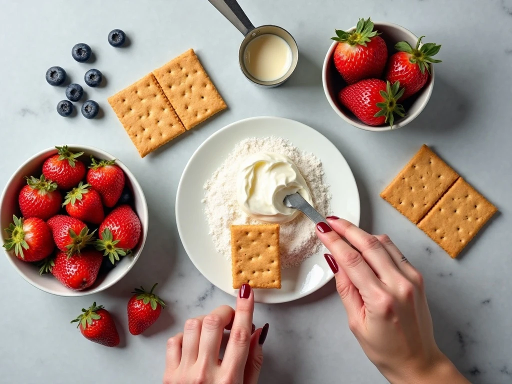 Ingredients for berry icebox cake arranged in a flat lay