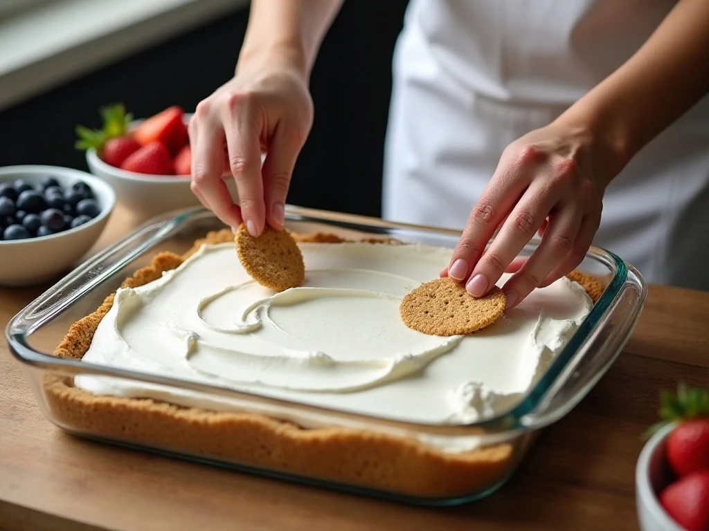 Layering graham crackers, whipped cream, and berries for icebox cake