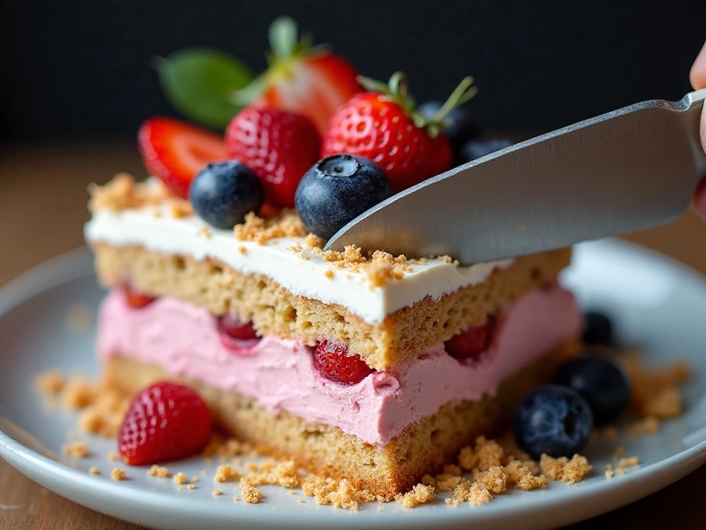 Fresh berry garnish and graham-cracker crumbs on icebox cake