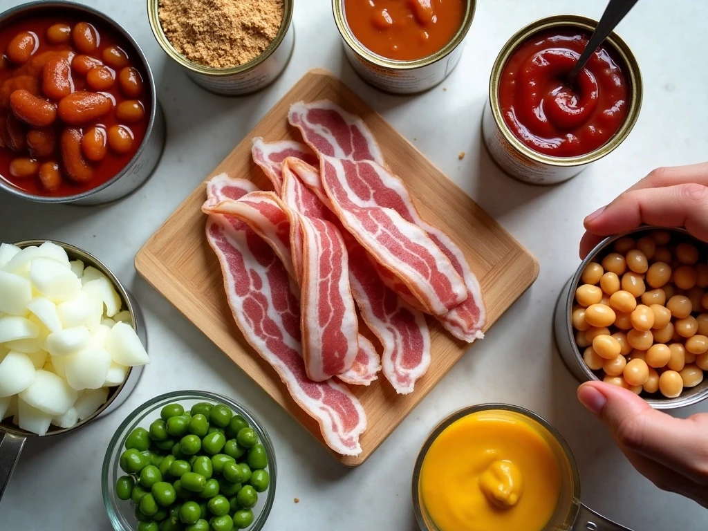 Ingredients for baked beans with bacon and brown sugar