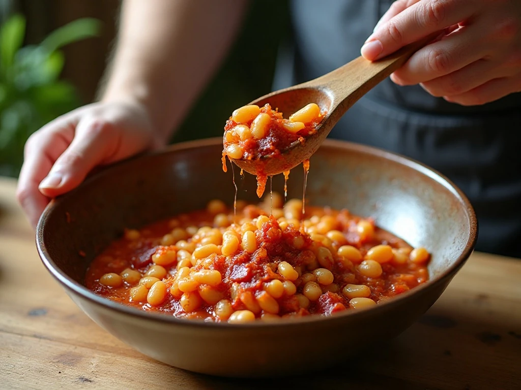Preparing bacon, onion, and beans for the baked bean casserole