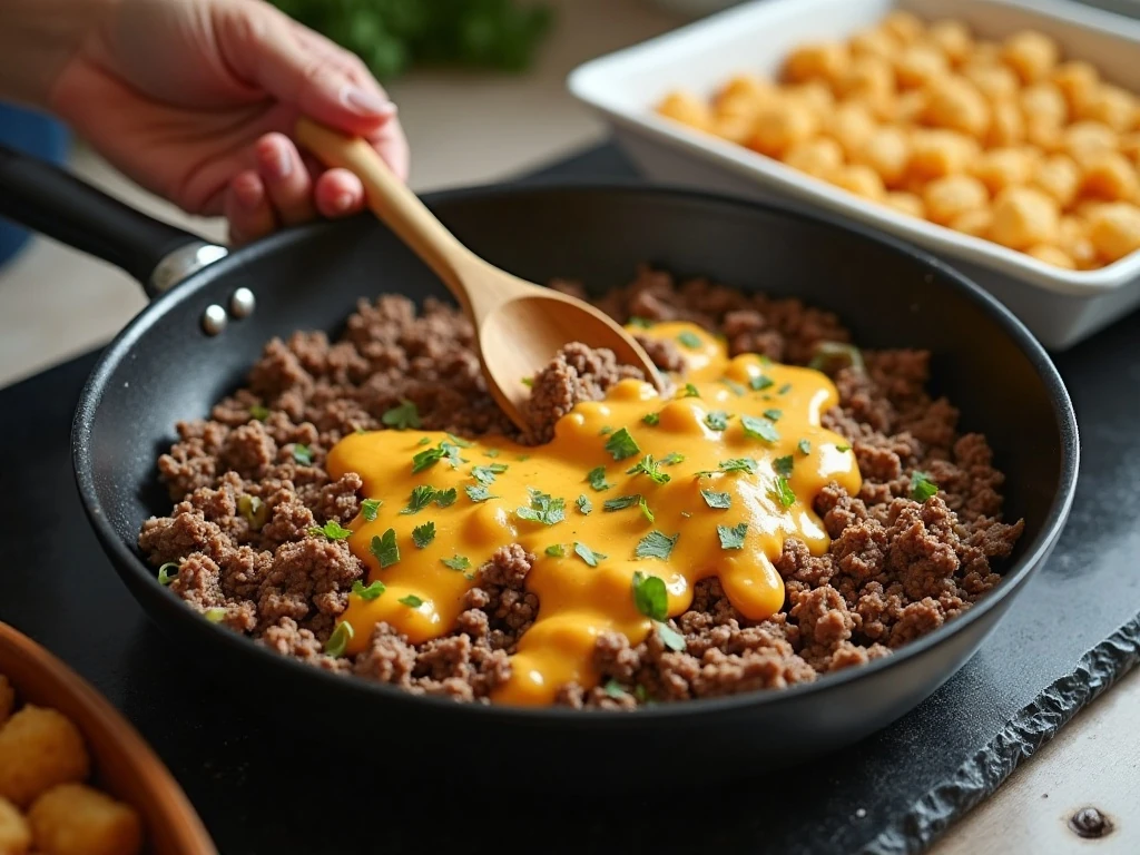 Preparing the creamy beef filling for Big Mac casserole