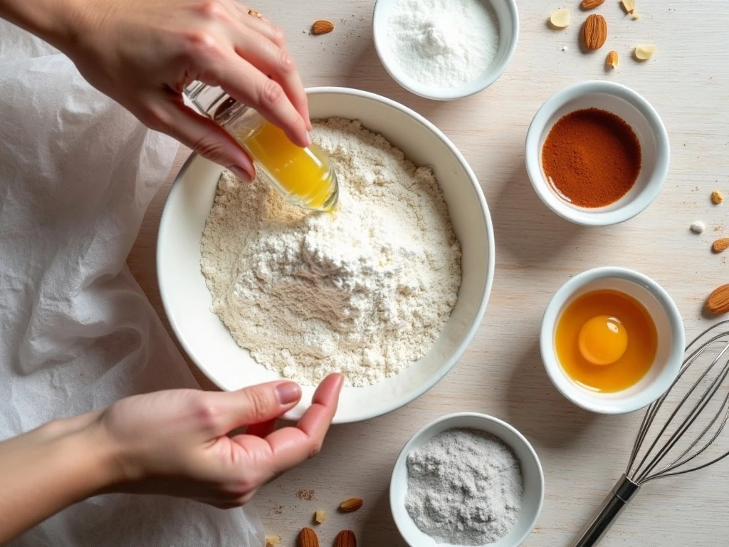 Ingredients for homemade Italian almond biscotti arranged on a kitchen counter