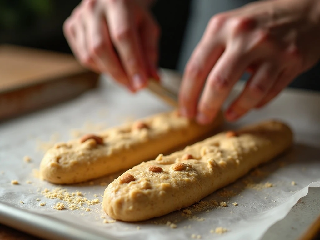 Shaping almond biscotti dough into logs before the first bake