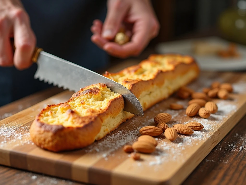 Slicing warm biscotti logs with a serrated knife for even cookies