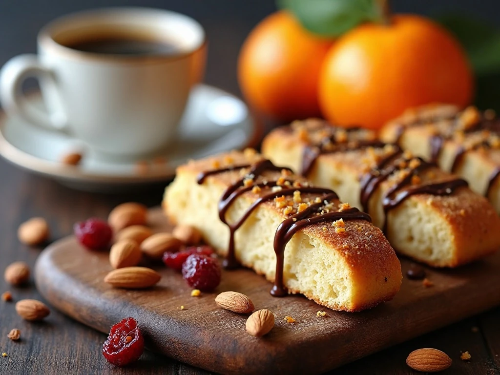 Almond biscotti with chocolate drizzle, orange zest, and dried cranberries