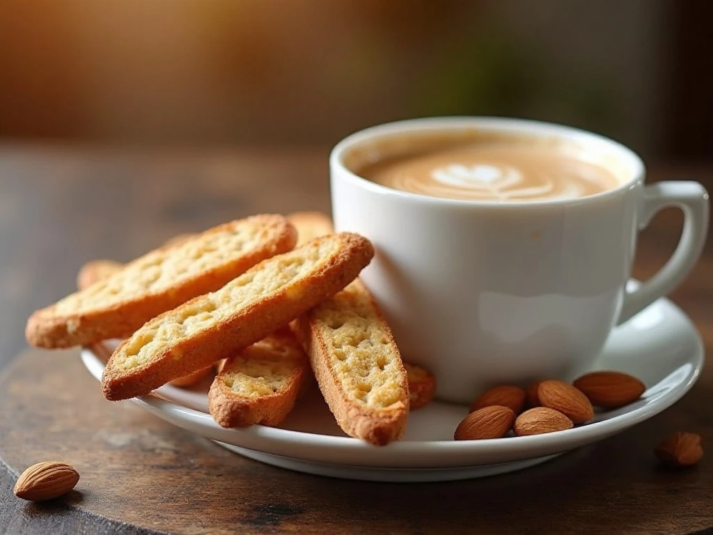 Crisp homemade Italian almond biscotti served with coffee
