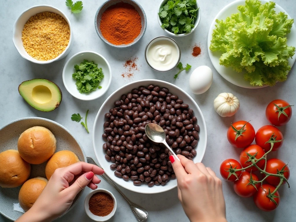 Ingredients for easy black bean burgers and cilantro lime sauce