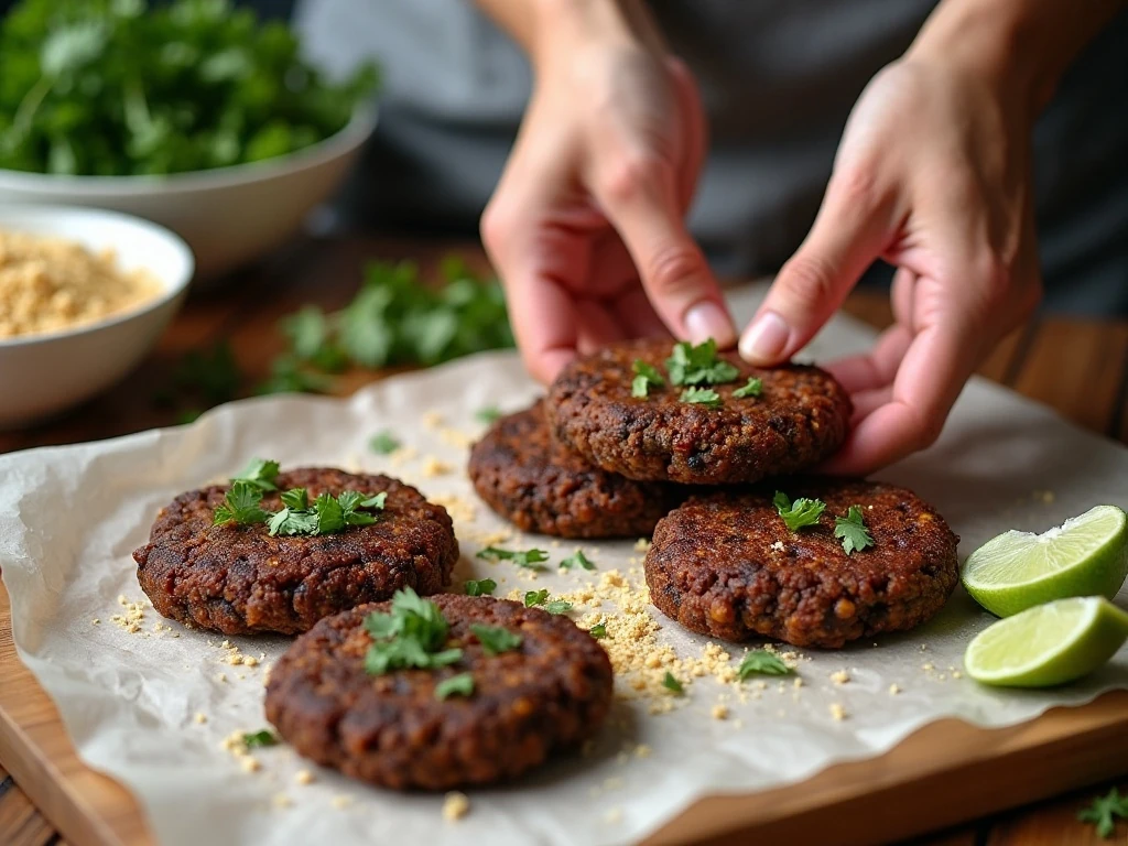 Shaping black bean burger patties before cooking