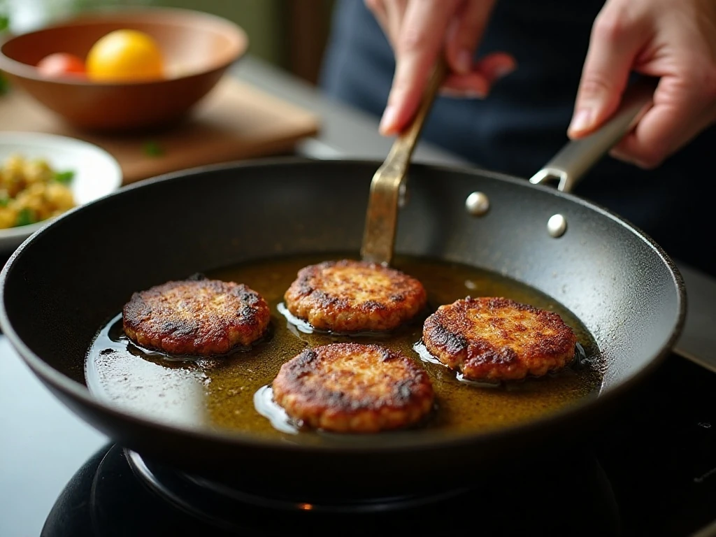 Black bean patties cooking in an oiled skillet