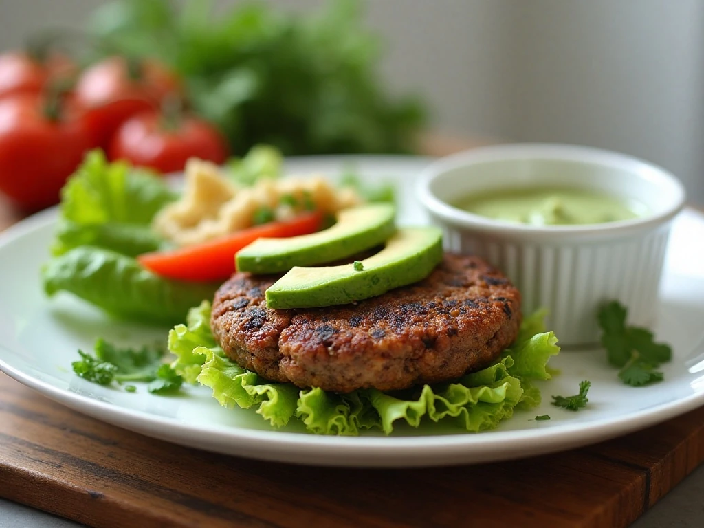 Reheated black bean burger served with fresh toppings and sauce