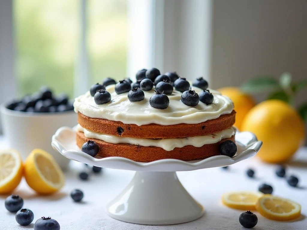 Easy blueberry cake with whipped lemon frosting on a cake stand