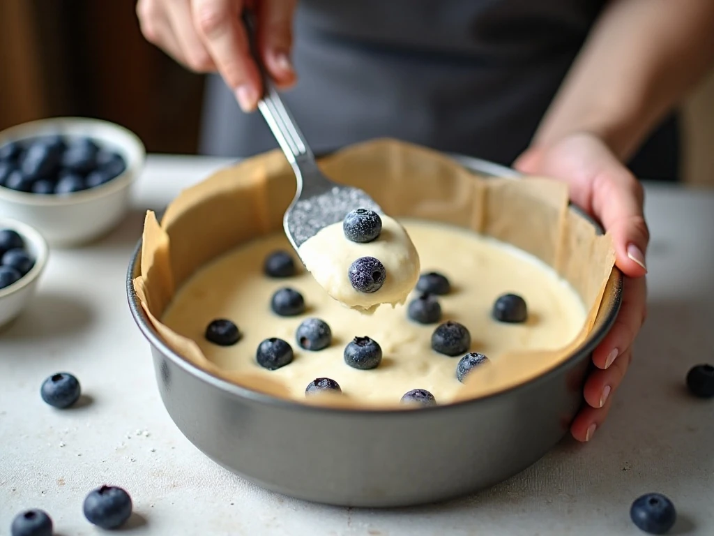 Folding blueberries into cake batter