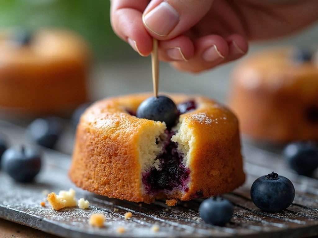 Testing a blueberry cake for doneness with a toothpick