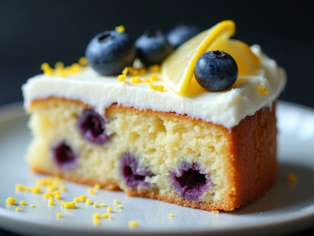 Close-up slice of blueberry cake with lemon frosting and berries