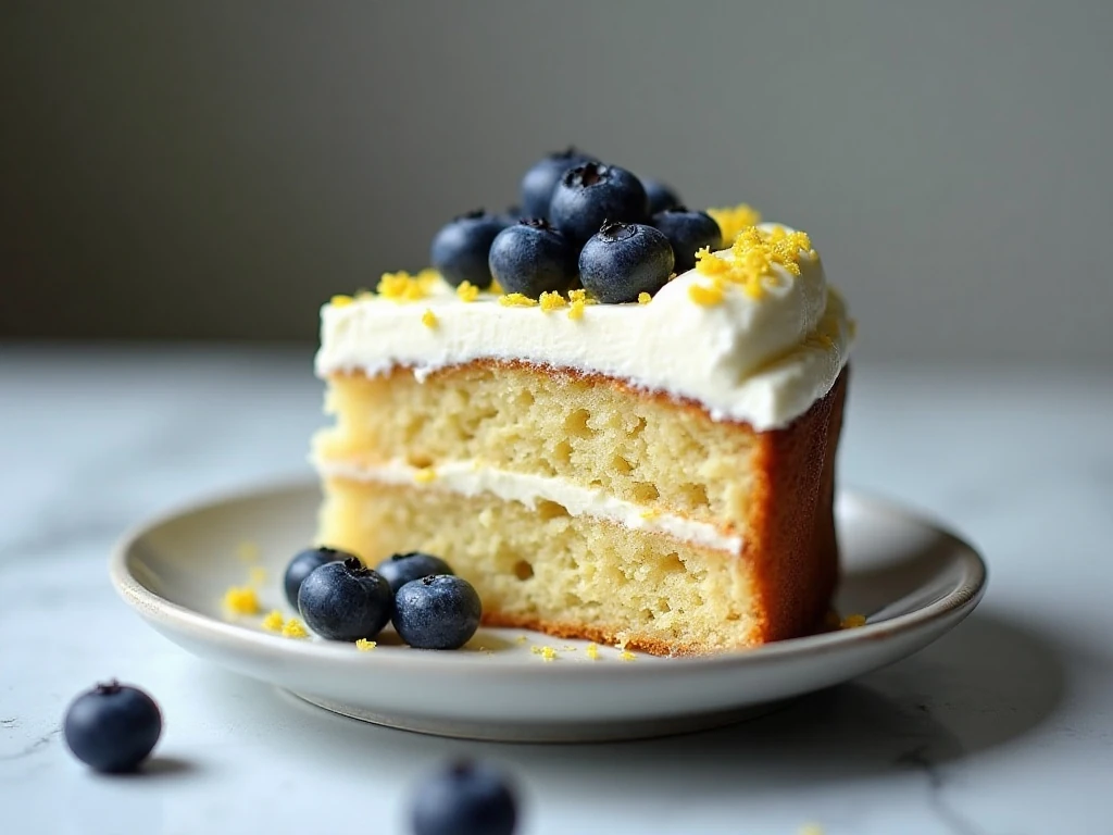 Slice of homemade blueberry cake with whipped lemon frosting