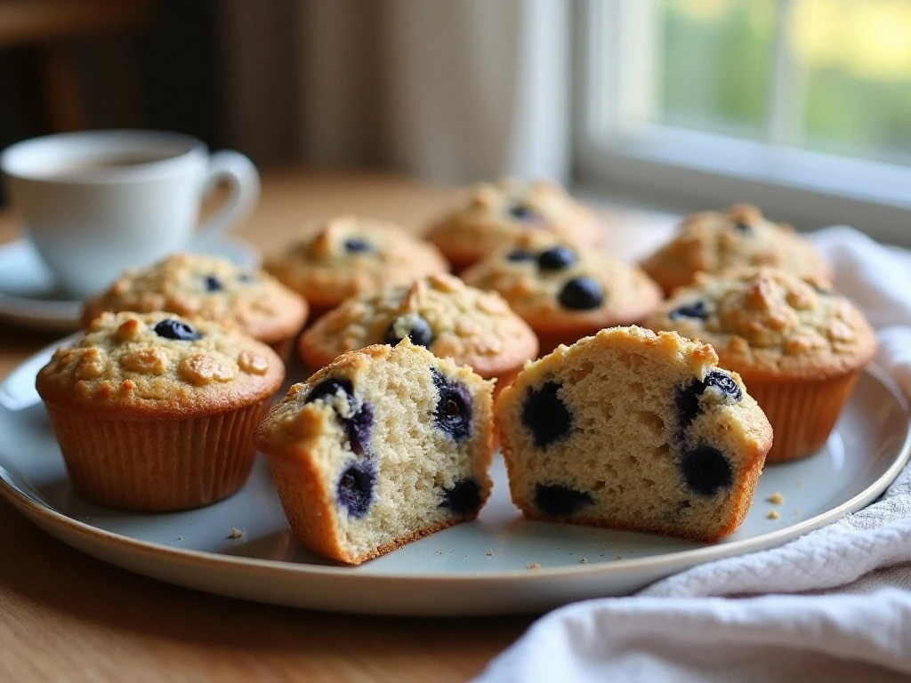 Golden blueberry oatmeal muffins arranged for a cozy breakfast