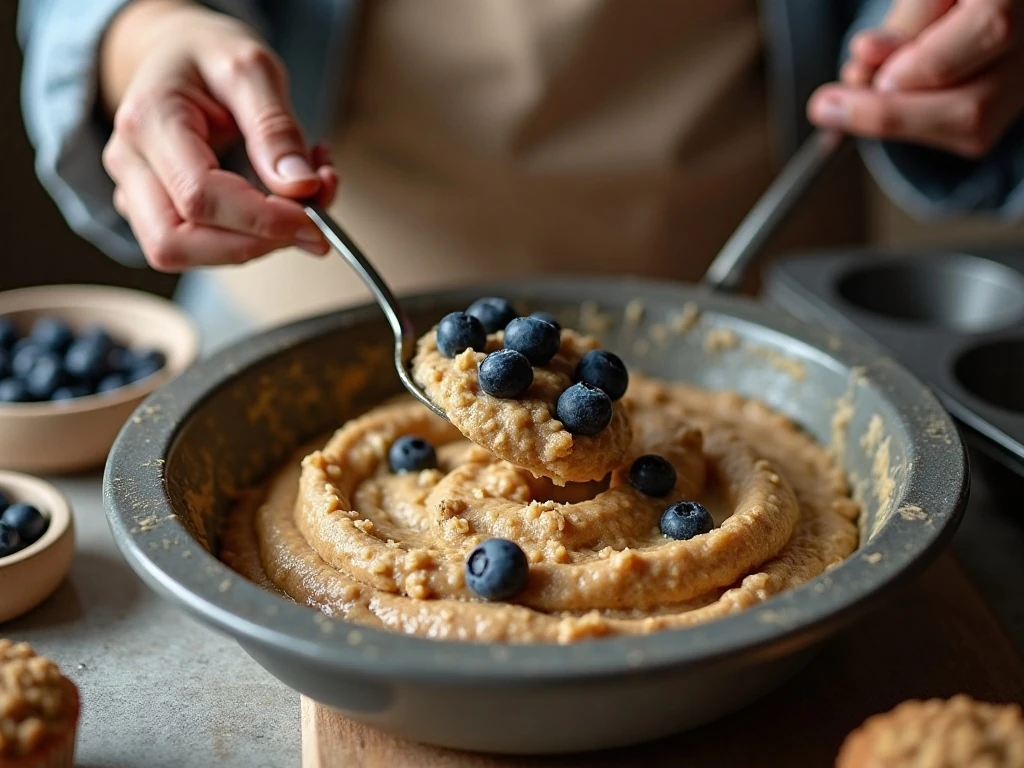Folding blueberries into oatmeal muffin batter
