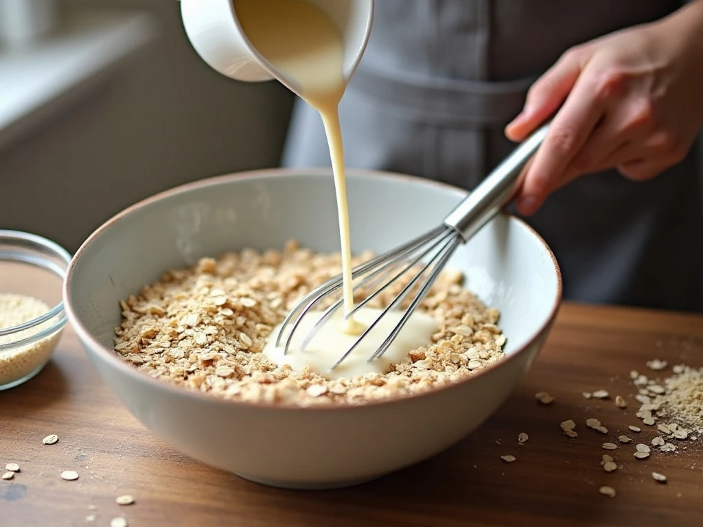 Oats soaking in milk for tender blueberry muffins