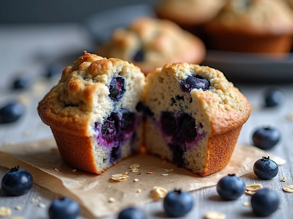 Close-up of the tender blueberry oat muffin crumb