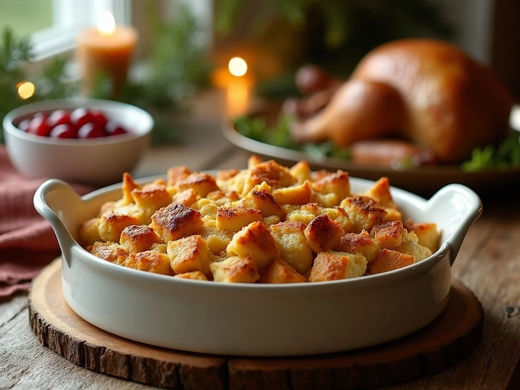 Golden homemade bread stuffing served as a classic holiday side dish