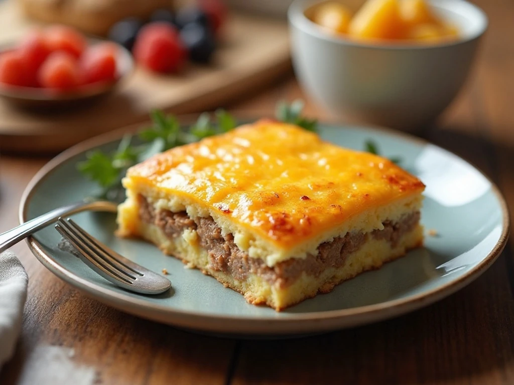 Slice of easy sausage and hash brown breakfast casserole served for brunch